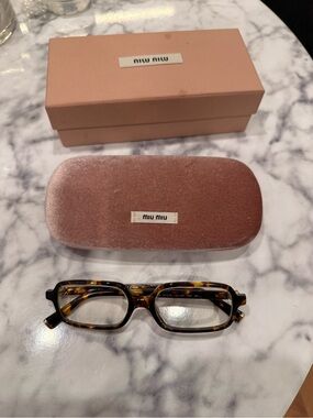 Miu Miu Tortoiseshell Rectangular Glasses with Pink Velvet Case
